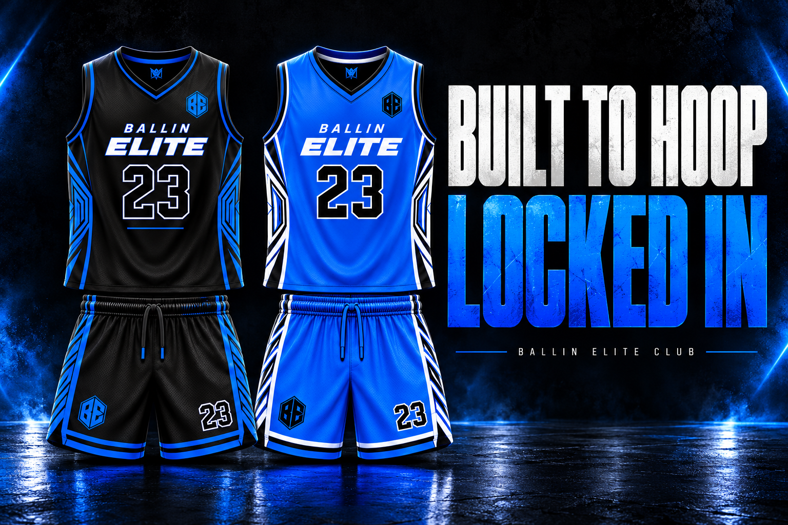 Ballin Elite black and royal blue club uniforms. Built to Hoop. Locked In.